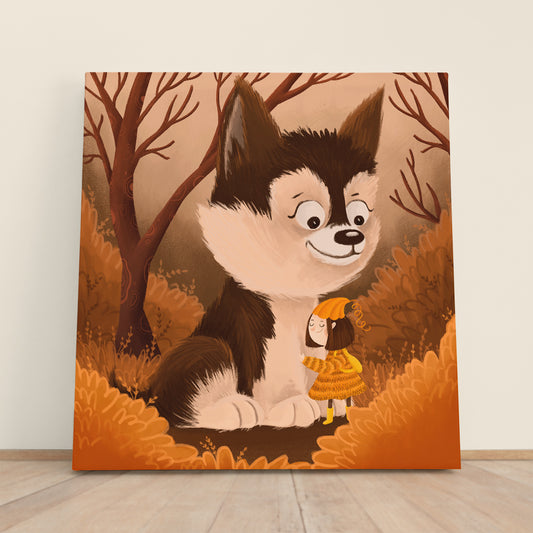 Little Girl and Cute husky Dog Kids Fairy Nursery Art Canvas Print | Square Panel Kids Room Canvas Art Print Artesty 1 Panel 12"x12"