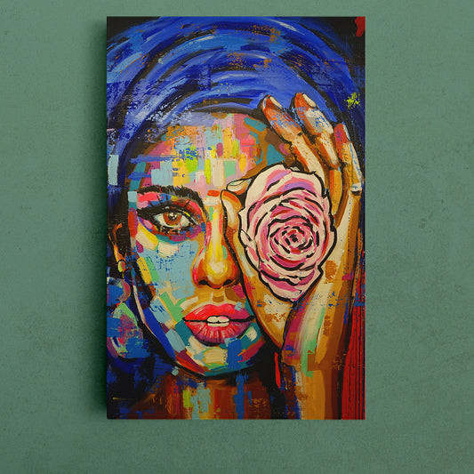 Beautiful Girl With Rose Colorful Canvas Print - Vertical People Portrait Wall Hangings Artesty 1 Panel 16"x24"