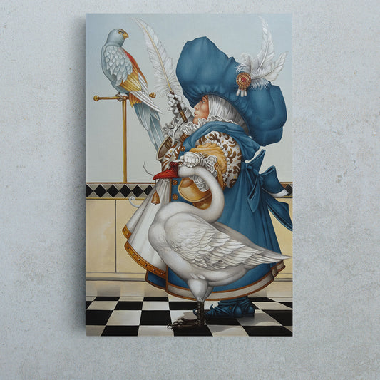 Gnome with Goose Surrealism Painting on Canvas Giclée Print | Vertical Surreal Fantasy Large Art Print Décor Artesty