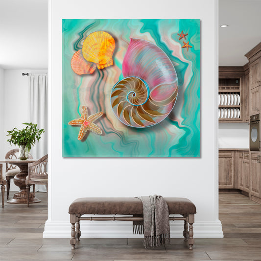 Nautilus Sea Shell and Starfish Turquoise Marble Artwork Abstract Art Print Artesty