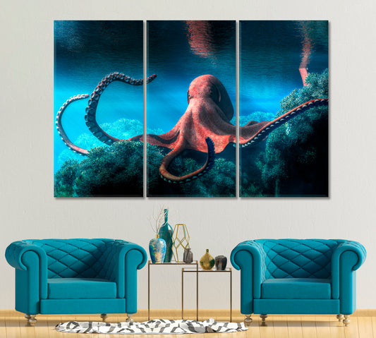 Octopus Underwater World Creative Poster Nautical, Sea Life Pattern Art Artesty 3 panels 36" x 24"