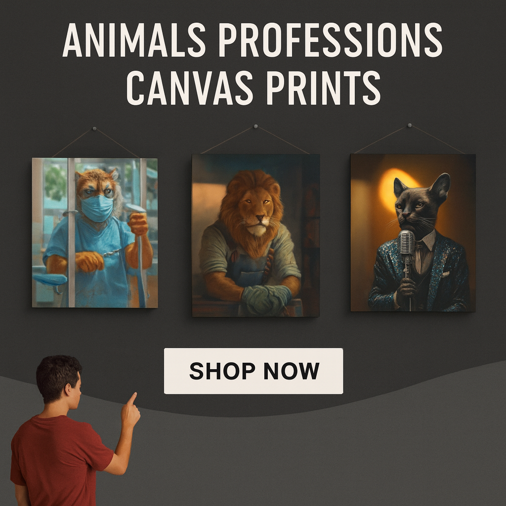 Decorate with ambition—animal art prints featuring jobs like professor or firefighte
