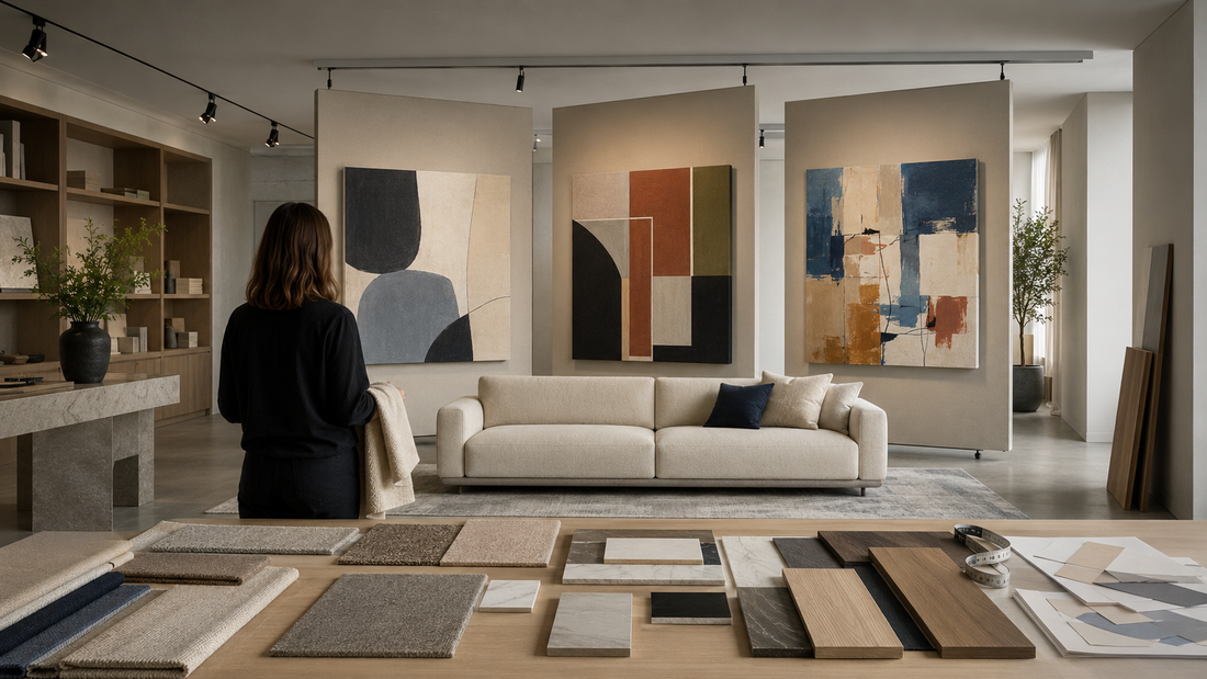 Three abstract canvas options compared above a living-room sofa using color, material, and scale samples