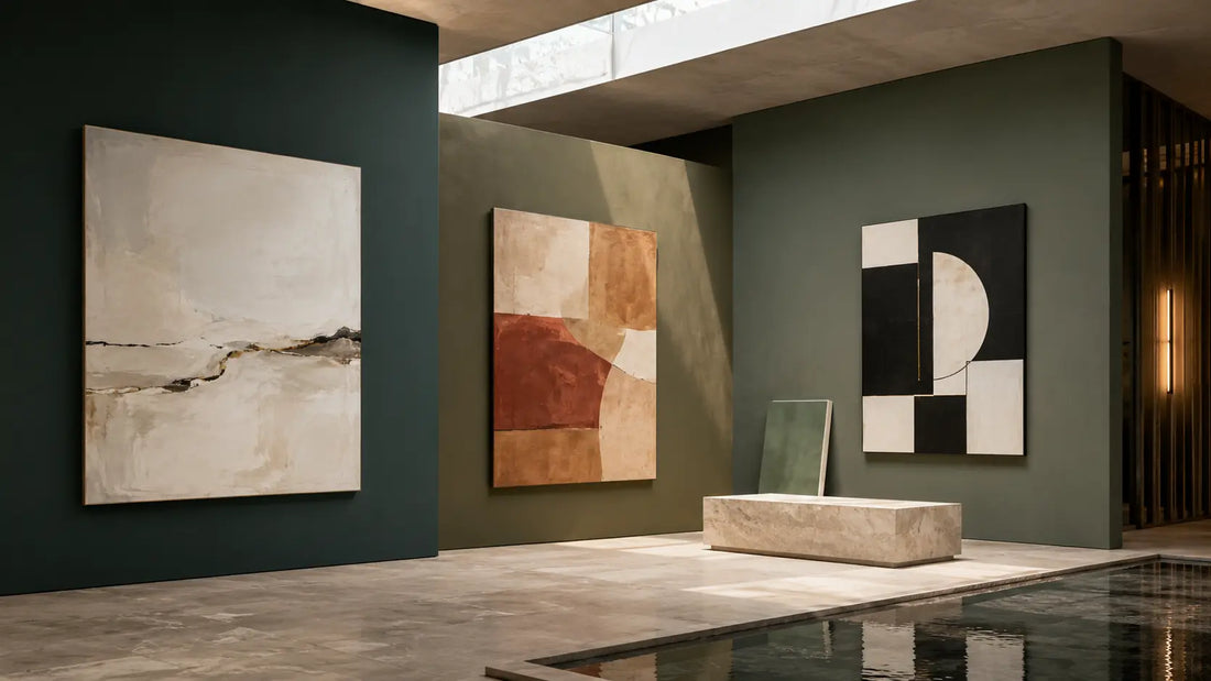 Cream, clay, and black-and-white artwork displayed across forest, olive, and gray-green gallery walls
