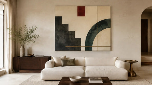 A large original Art Deco-derived abstract canvas leads a quiet contemporary living room with one restrained bronze echo