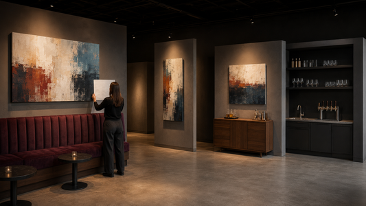 Bar wall modules with a wide canvas above booth seating, a vertical corridor canvas, and an empty service wall