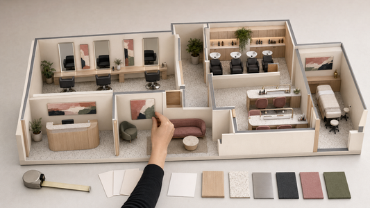 Scale model of a beauty salon showing canvas positions near reception, mirrors, waiting seats, and a treatment room