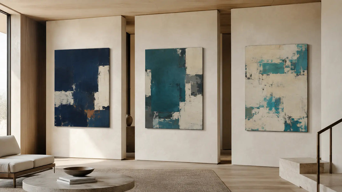 Three illustrative abstract canvases compared in navy, teal, and turquoise on warm-neutral architectural display planes