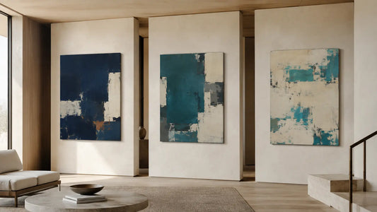 Three illustrative abstract canvases compared in navy, teal, and turquoise on warm-neutral architectural display planes