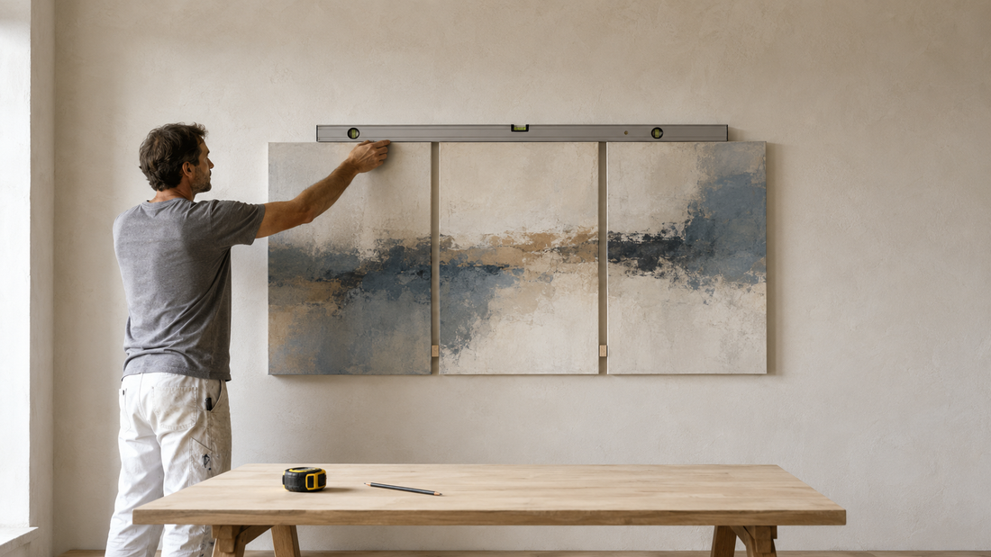 Three canvas panels aligned with equal gaps while an installer checks their position with a level