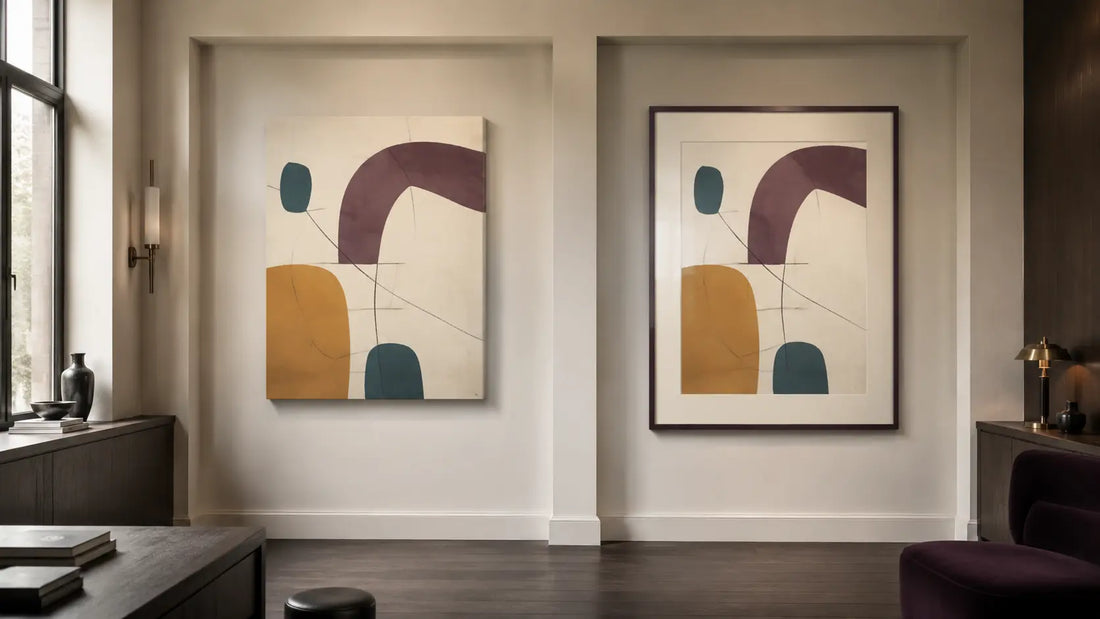 The same original abstract image is installed as a gallery-wrapped canvas and as a matted framed print in two matching wall bays