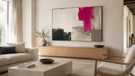 Large original abstract fuchsia wall art balanced by warm ivory, pale oak, limestone, and graphite accents