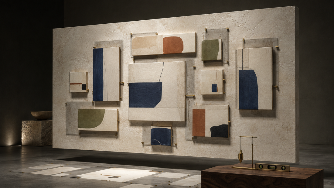 Measured gallery wall layout with mixed canvas sizes and consistent spacing