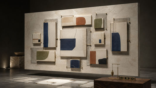 Measured gallery wall layout with mixed canvas sizes and consistent spacing