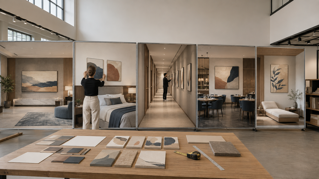 Hotel artwork plan showing coordinated canvas layouts for a lobby, guest room, corridor, restaurant, and wellness area