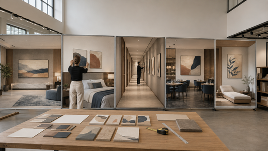 Hotel artwork plan showing coordinated canvas layouts for a lobby, guest room, corridor, restaurant, and wellness area