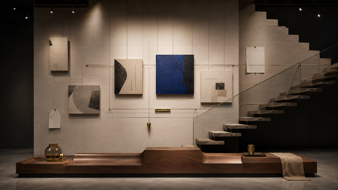 Canvas wall art arranged at different heights above furniture and along a staircase