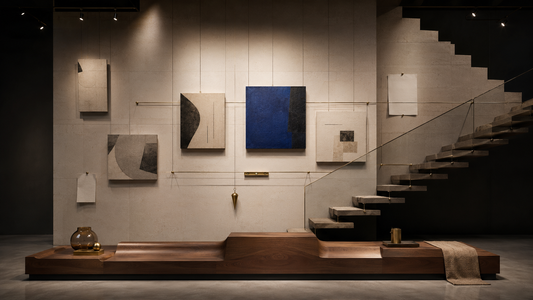 Canvas wall art arranged at different heights above furniture and along a staircase
