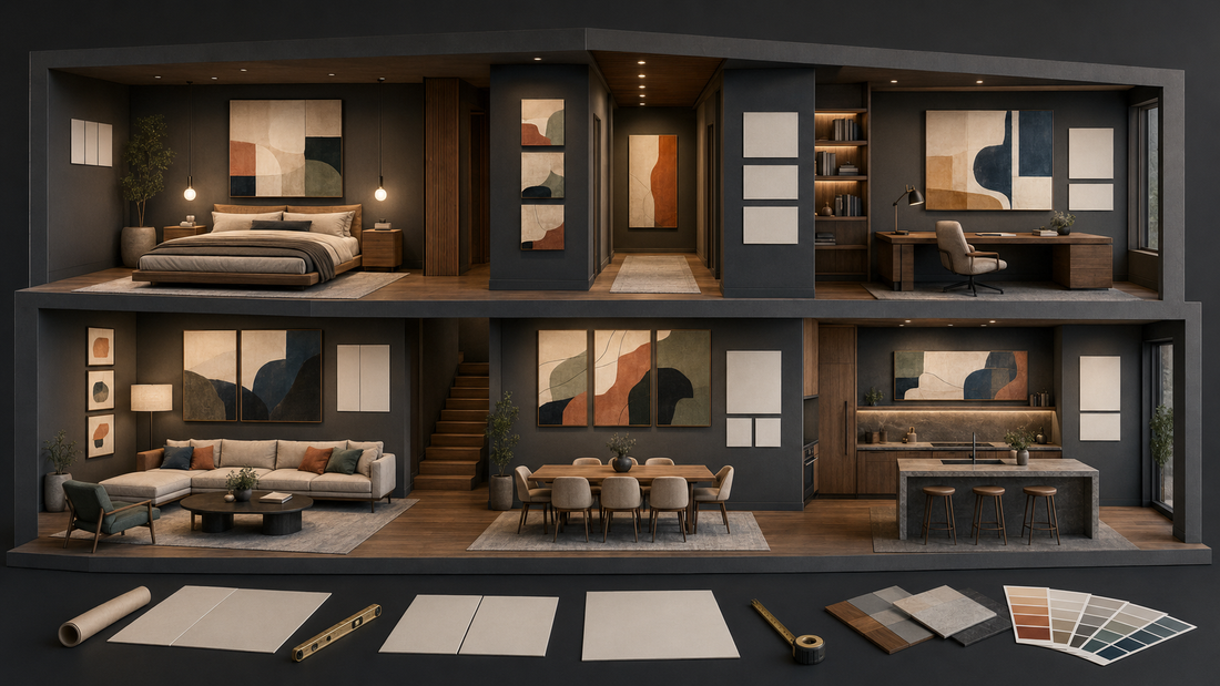 Wall art arranged by scale and orientation across several rooms in a modern home