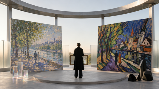 Two canvases show the same riverside scene through broken light and angular distorted color
