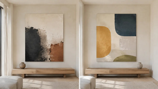 Matching wall bays compare a trace-led Japandi-leaning canvas with a shape-and-rhythm-led Scandinavian-leaning canvas using the same scale, room, and light