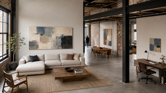 Open-plan loft with wall art scaled separately for living, dining, and work zones