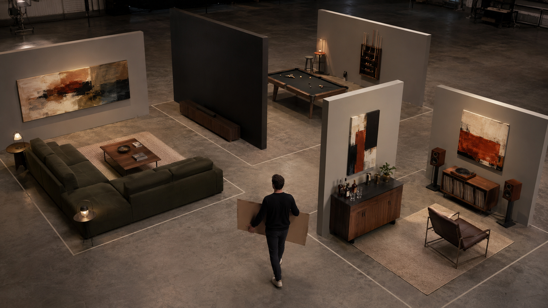 Recreation-room plan with canvas art placed near lounge, bar, and listening zones while the screen wall remains clear