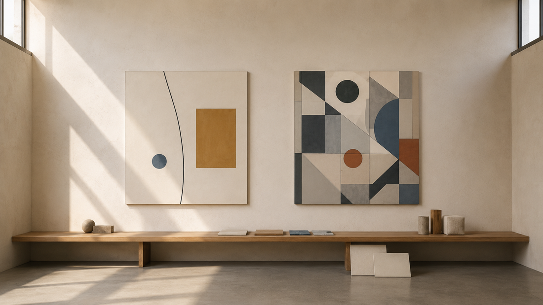 Equal-size canvases compare a sparse open composition with denser geometric shapes above one long bench