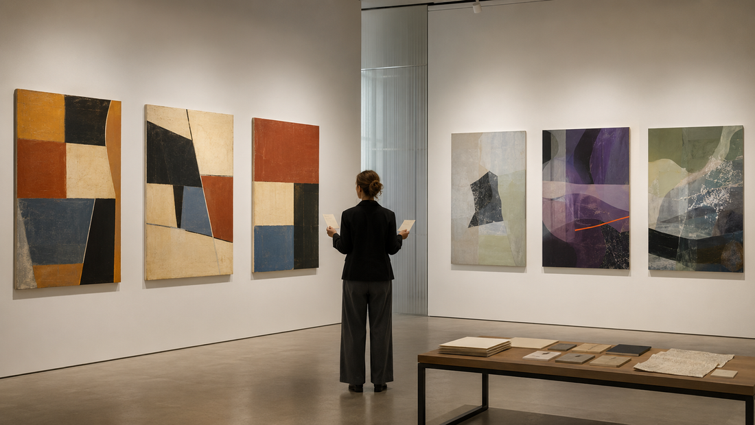 Two gallery bays compare historical modern and present-day contemporary abstract canvas styles