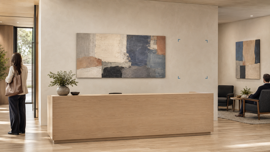 Wide canvas sized to a reception desk with smaller wall art beside the waiting area