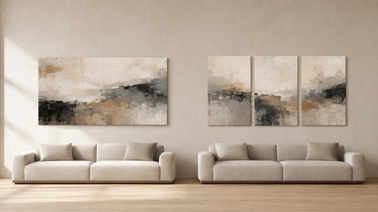 Side-by-side room layouts comparing one wide canvas with a three-panel wall art arrangement above a sofa