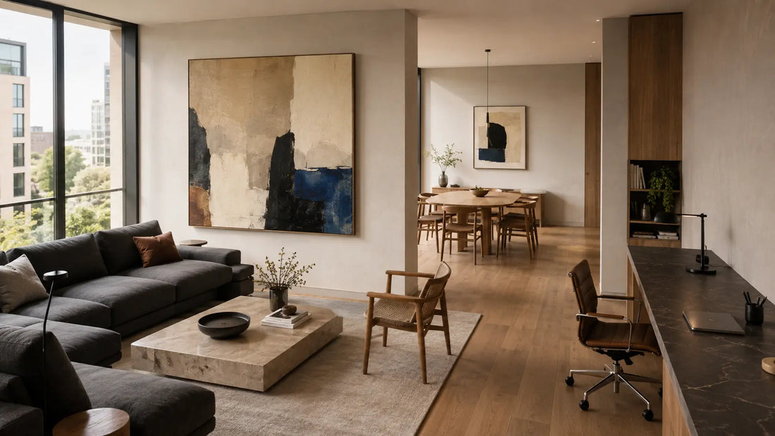 Open-plan living, dining, and work zones using one large lead canvas, a smaller relay artwork, and a quiet pause wall