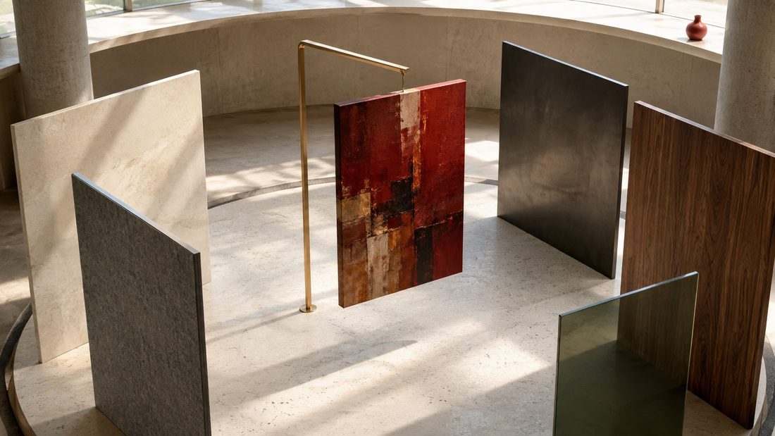 Red abstract canvas balanced with ivory, gray, charcoal, wood and muted green materials in a sculptural studio