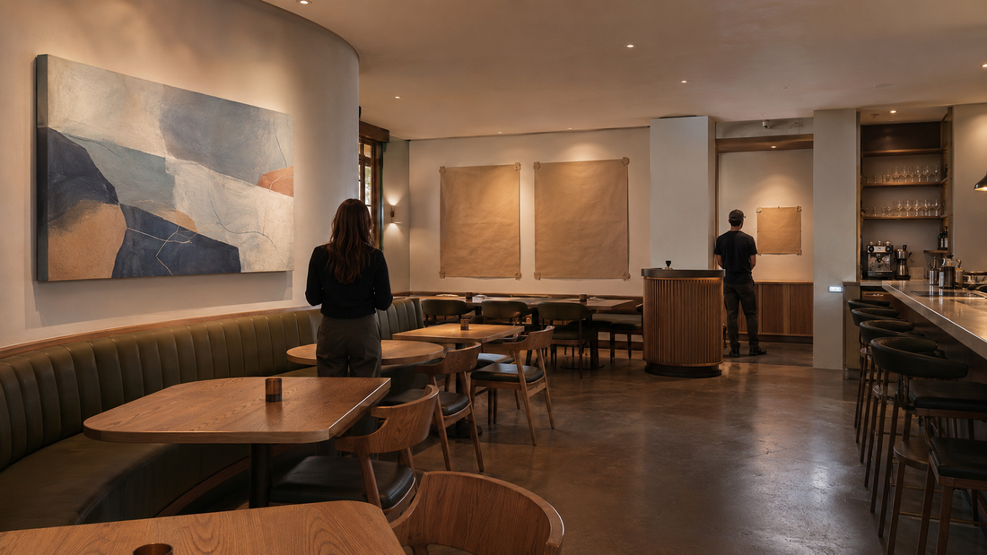 Restaurant layout with a wide canvas above booth seating and blank templates testing other wall positions