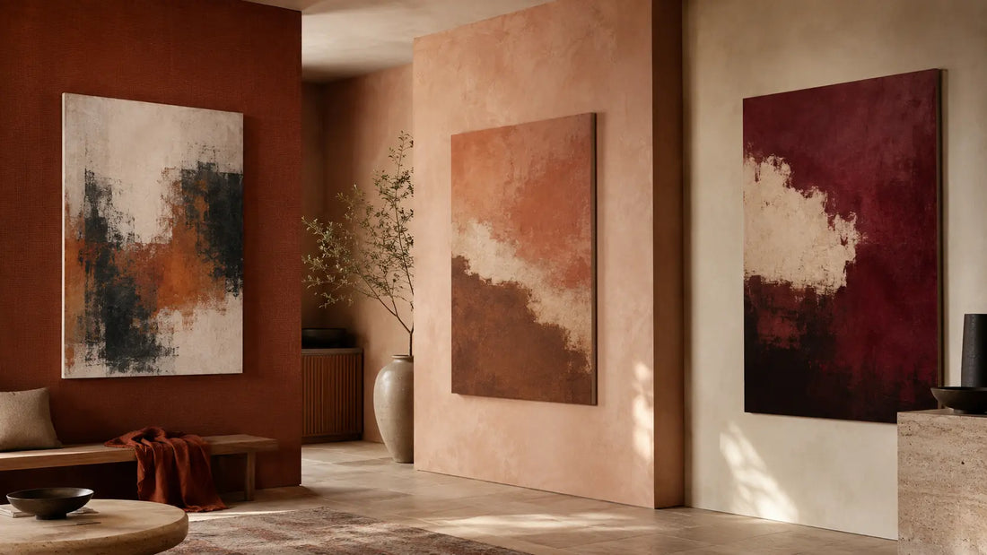 Three original abstract canvases compared in rust, terracotta, and burgundy architectural room bays