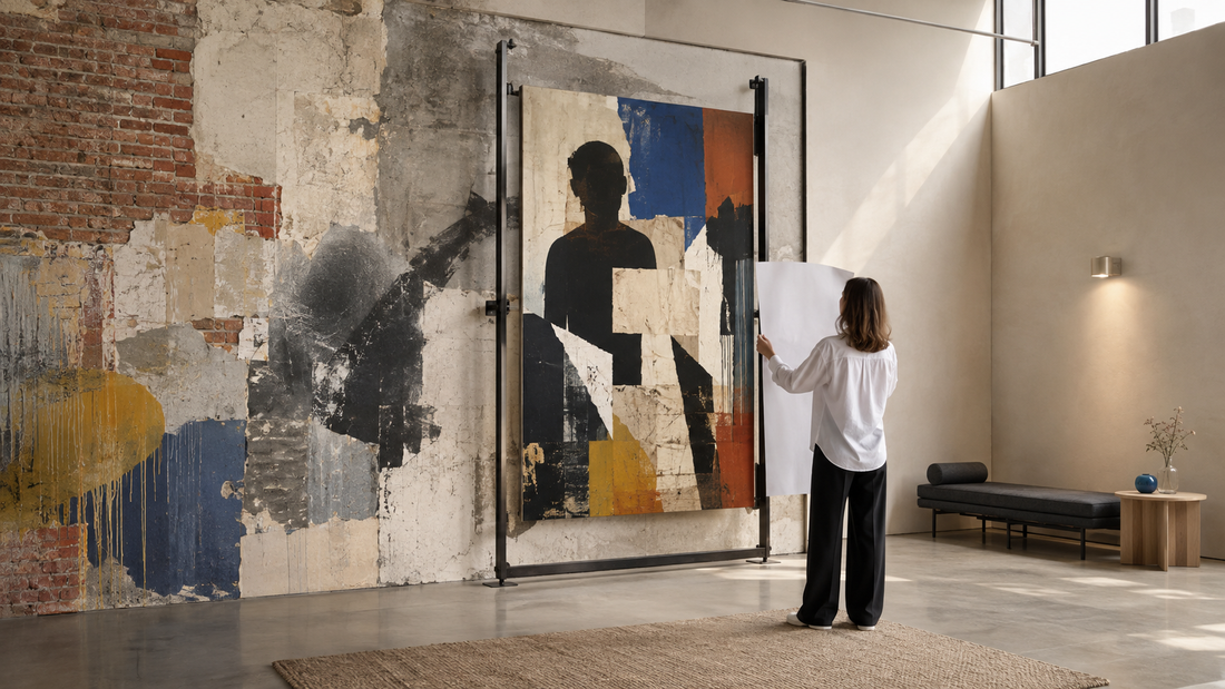 Street-art-inspired canvas tested between rough urban surfaces and a restrained interior wall