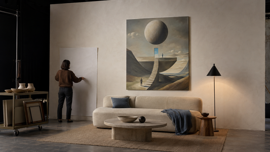 Large surrealist canvas above a neutral sofa with open wall space and restrained surrounding objects