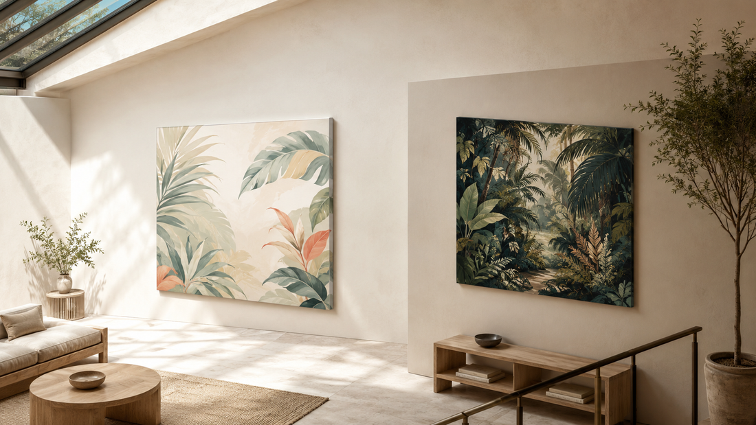 Airy tropical leaf canvas and denser jungle foliage canvas displayed on adjacent ivory walls