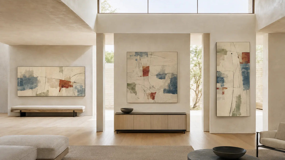 Three connected contemporary wall bays pair horizontal, square, and vertical abstract canvases with wide, centered, and tall architectural carriers