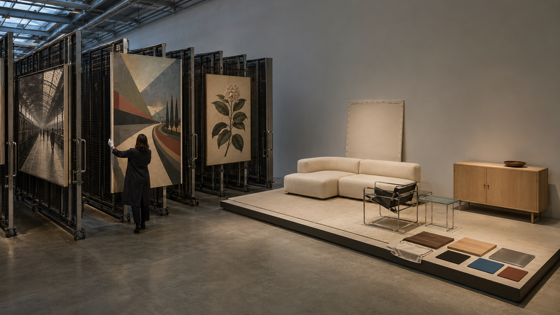 Vintage-style canvases in an art archive compared with a clean-lined modern sofa and material samples