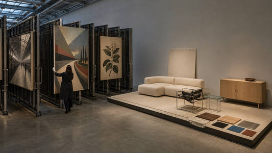 Vintage-style canvases in an art archive compared with a clean-lined modern sofa and material samples