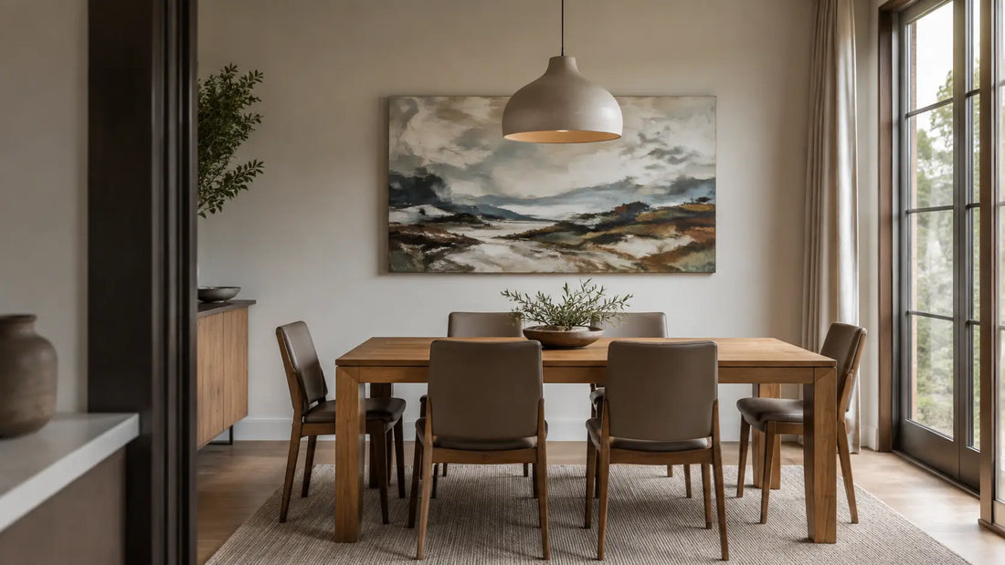 Original landscape abstract canvas above a light-oak dining table with six upholstered chairs and one sculptural pendant