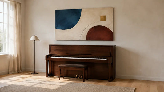 Original abstract canvas centered above a dark upright piano with the complete instrument silhouette visible