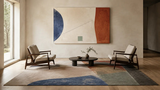 Original abstract canvas and a quieter geometric area rug coordinated through cobalt, clay and celadon accents