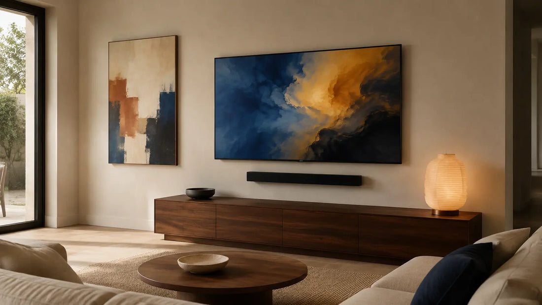 One abstract canvas balanced beside an active television along the room's main sightline