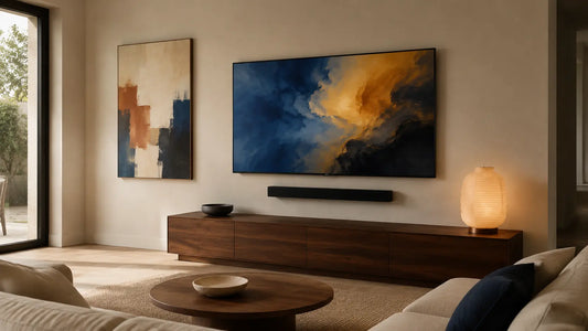 One abstract canvas balanced beside an active television along the room's main sightline