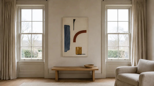 Original abstract canvas centered on a plaster wall pier between two matching tall windows with inner curtains gathered clear