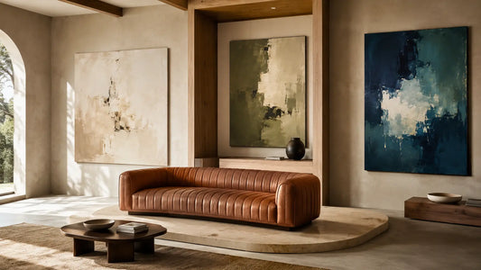 Cognac sofa staged with cream, olive, and deep blue abstract wall art color routes