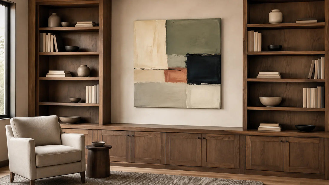 Original abstract canvas in a clear plaster bay between walnut built-in shelves with books and unmarked ceramics