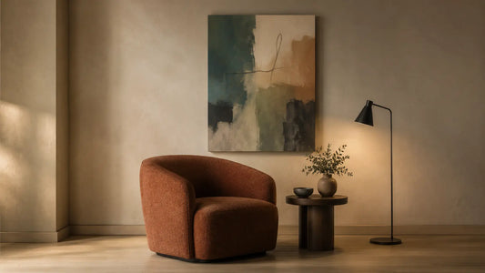 Quiet reading nook with a tobacco lounge chair, slim floor lamp, walnut side table and one original abstract canvas on a warm plaster wall